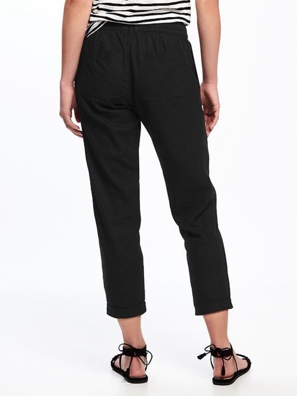 Linen Black Elastic Waist Cropped Pants